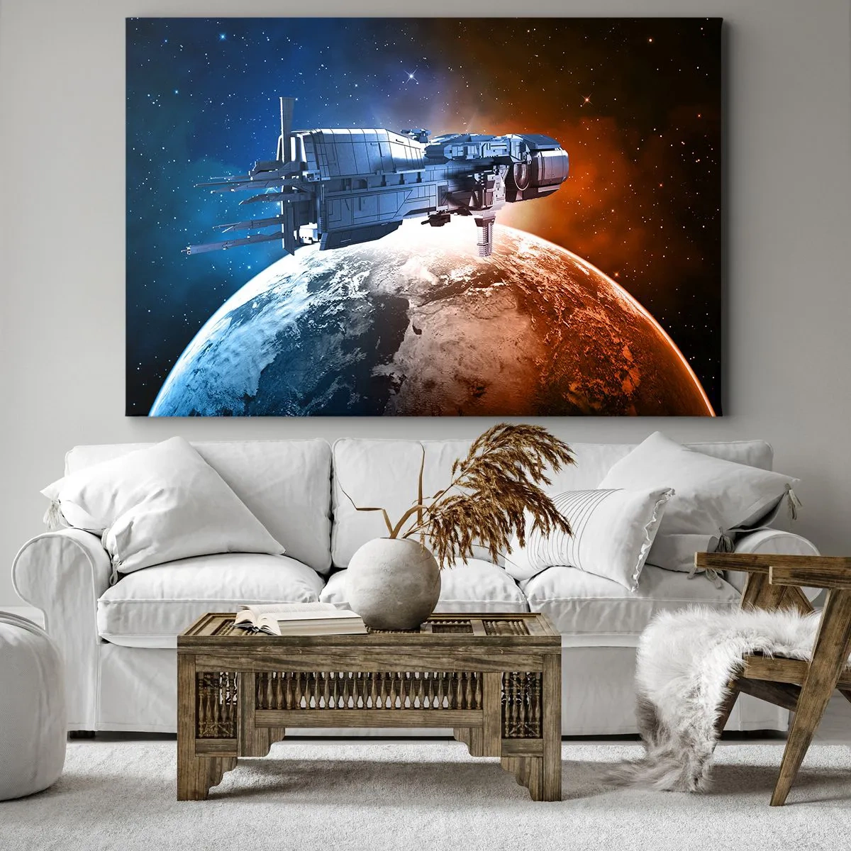 Lærredstryk - Billede på lærred - Et rumskib mod en planet i rummets baggrund - 70x50cm - Forsigtig observatør - Moderne vægdekoration til stue og soveværelse ARTTOR