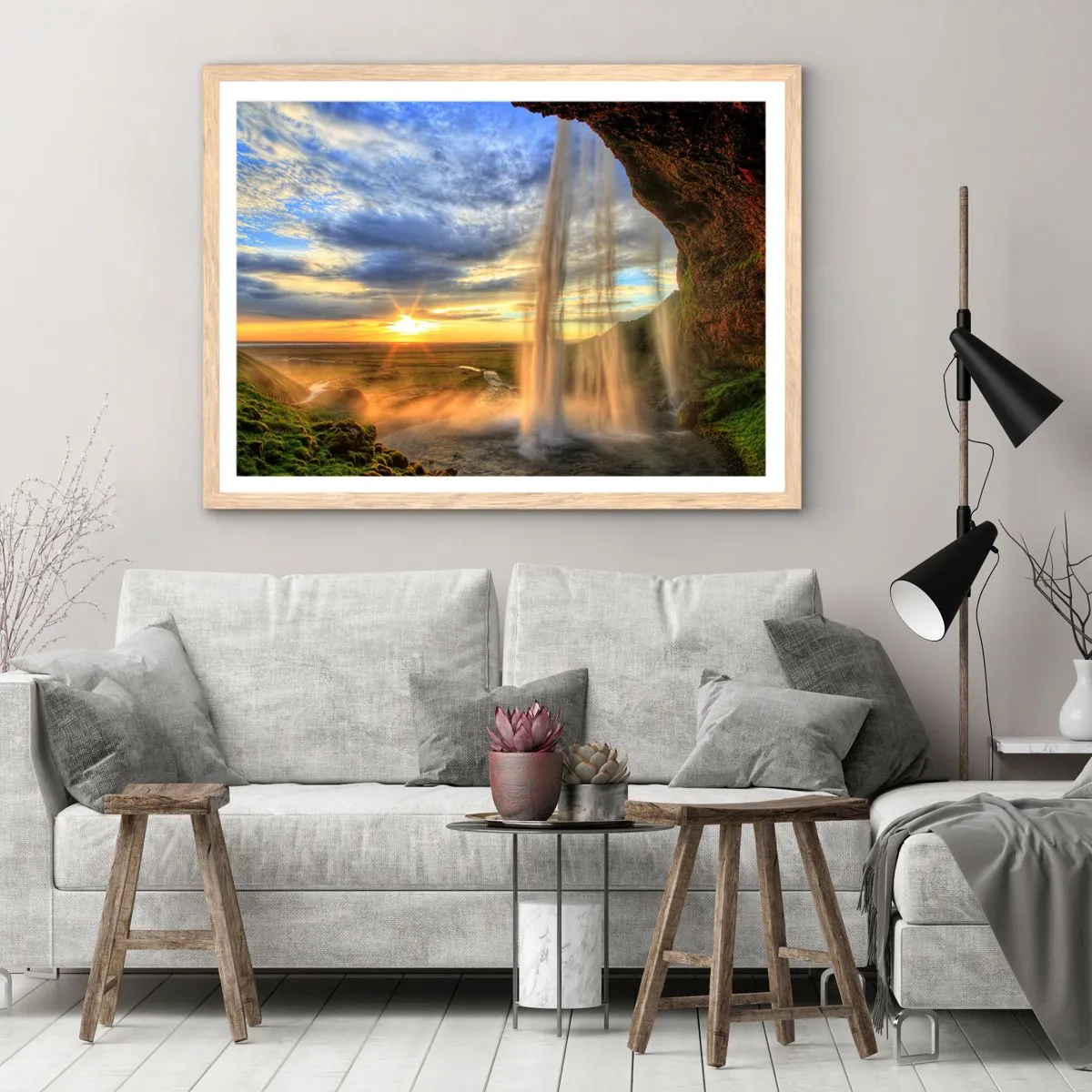 Plakat i ramme af lyst egetræ - Verden bag sløret af dråber - 70x50 cm