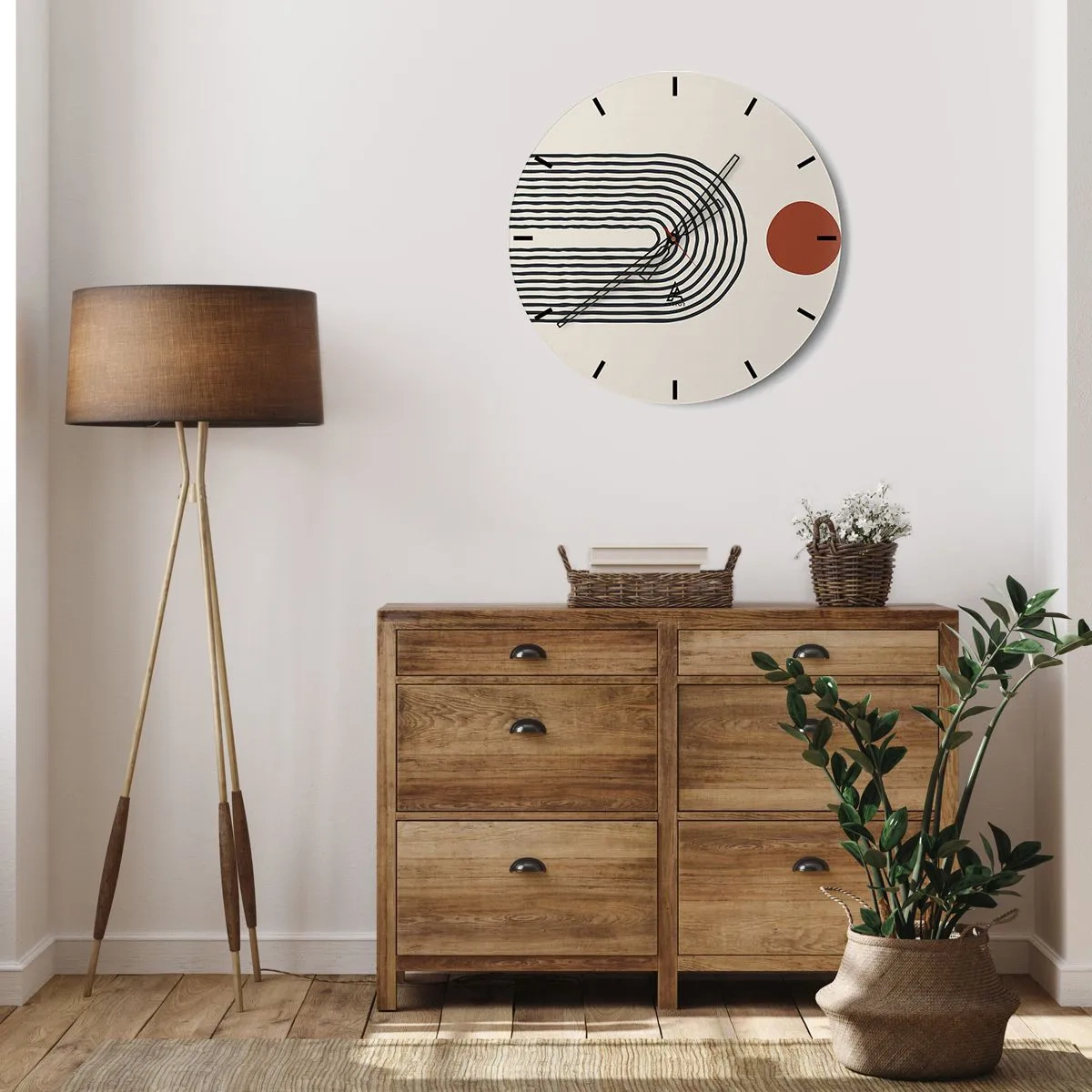 Vægur, Uret - Geometrisk abstraktion med striber og farveblokke på en lys baggrund - 30x30cm - Magnetisme af former og farver - Moderne vægdekoration til stue, køkken og soveværelse ARTTOR