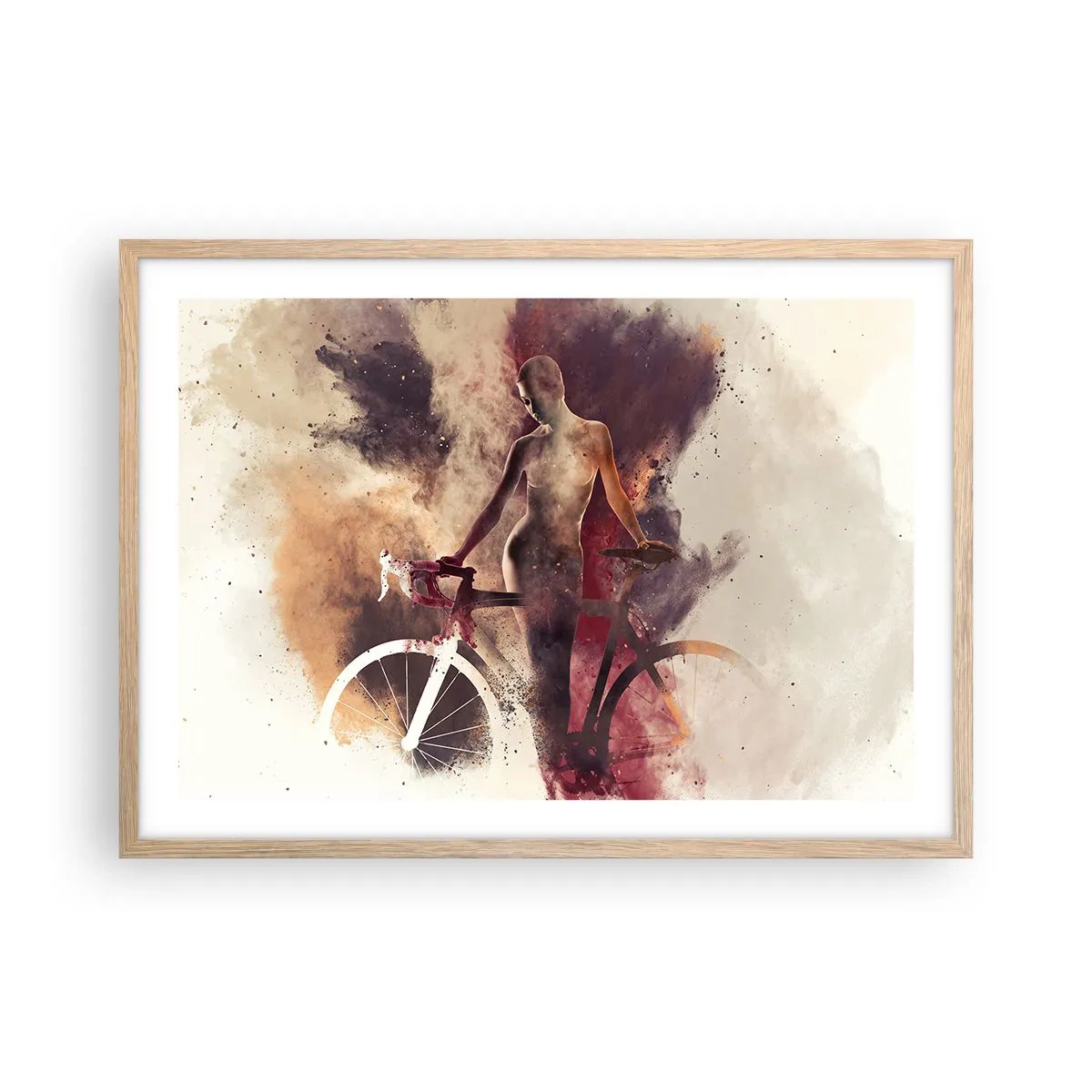 Plakat i ramme af lyst egetræ - I marmor former den cyklende sjæl - 70x50 cm