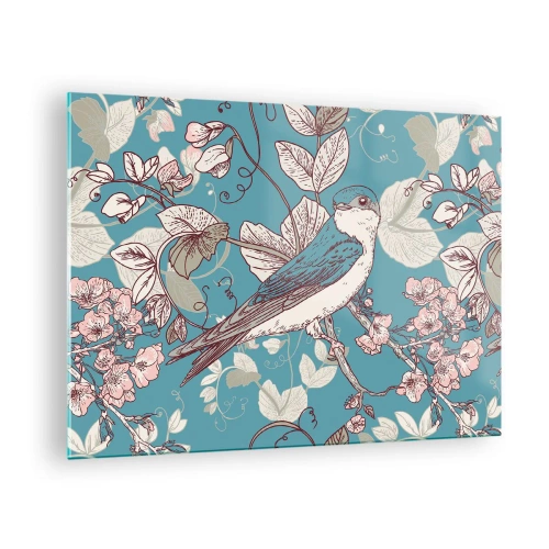 Billede på glas - En fugl på en gren blandt blomster på en turkis baggrund - 70x50cm - I de hvide skove kvidrende og sølvfarvede - Moderne vægdekoration til stue og soveværelse ARTTOR