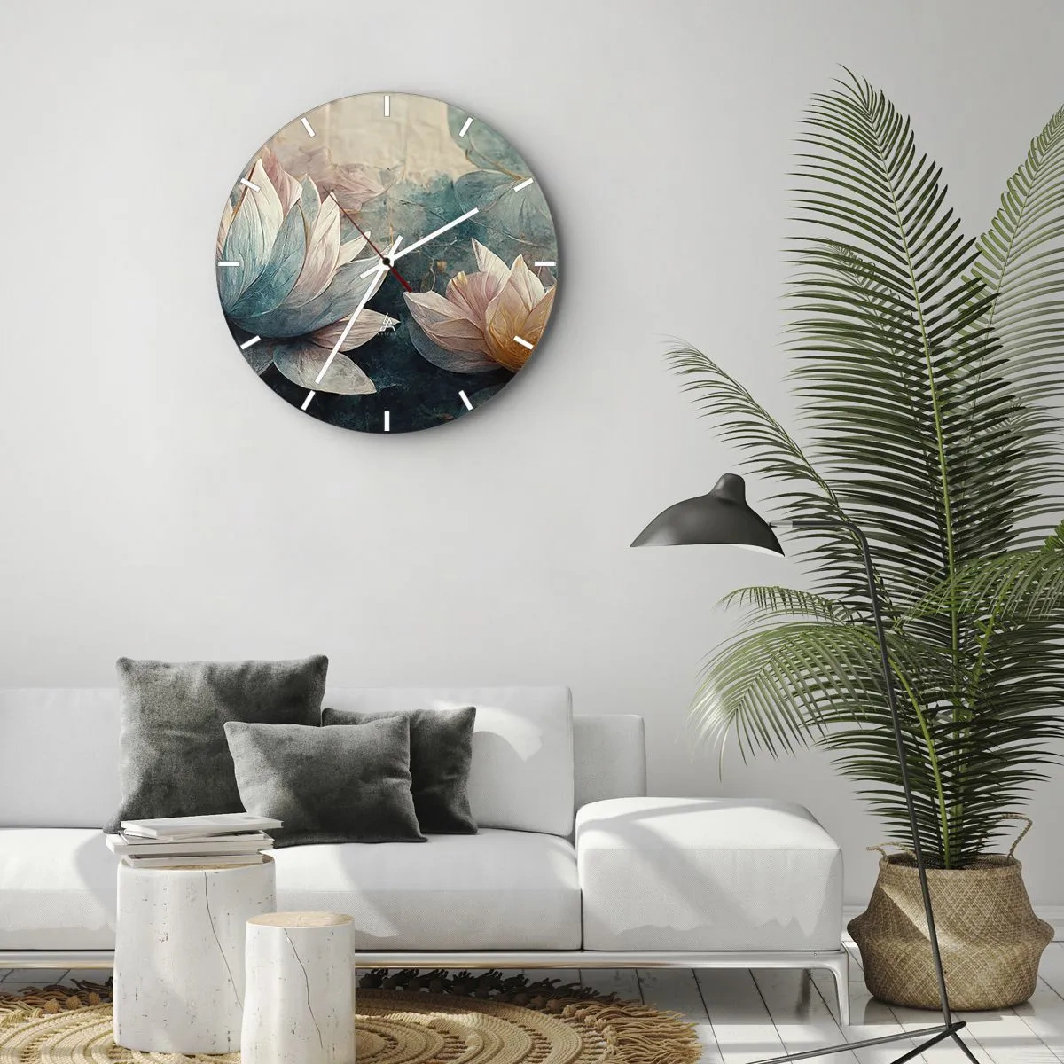 Vægur, Uret - Lotusblomster mod baggrunden af søens grønblå overflade - 30x30cm - Søens stjerner - Moderne vægdekoration til stue, køkken og soveværelse ARTTOR