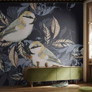 Fototapet Standard Eco - Illustration af fugle på en mørk baggrund med ornamenter - 100x70cm - Gul-blå espalier - Moderne vægdekoration til stue og soveværelse ARTTOR