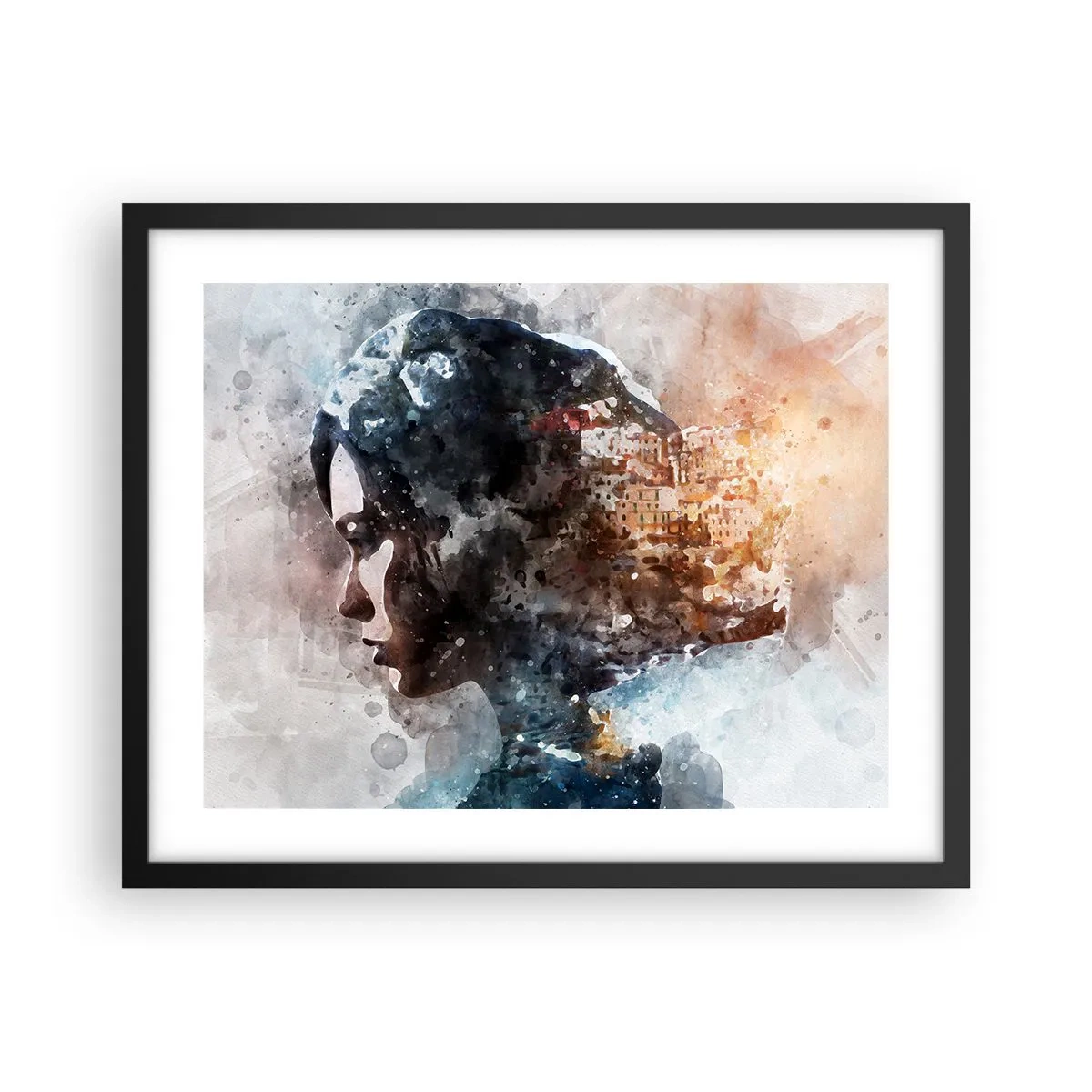 Plakat i sort ramme - Historien om en pige med en by i baggrunden - 50x40 cm