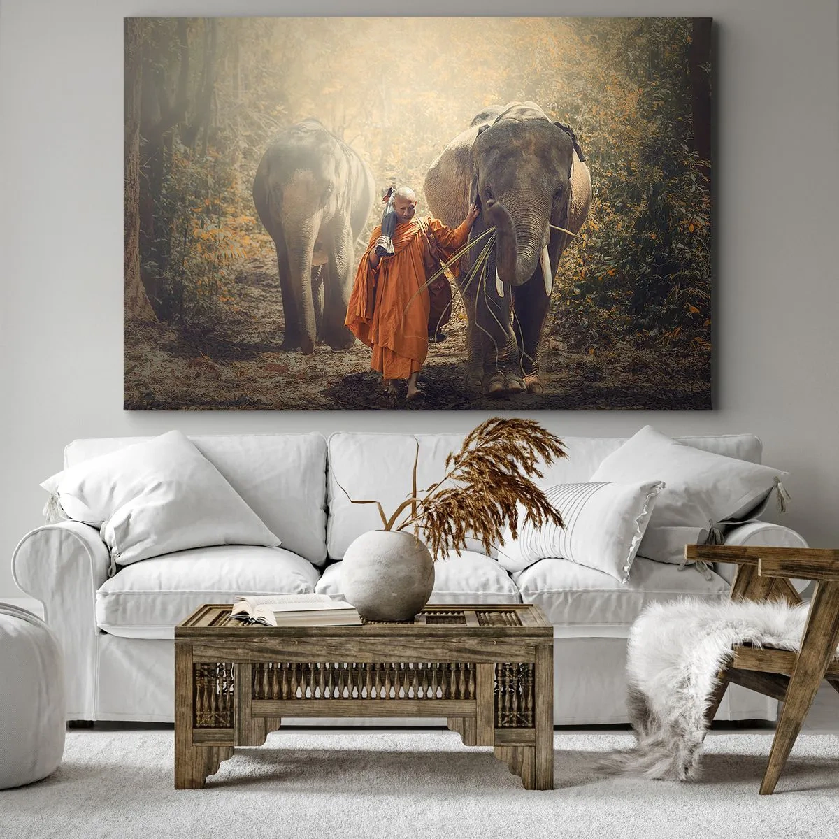 Lærredstryk - Billede på lærred - En munk i en orange kåbe leder en elefant i skoven. - 70x50cm - Fuld forståelse - Moderne vægdekoration til stue og soveværelse ARTTOR