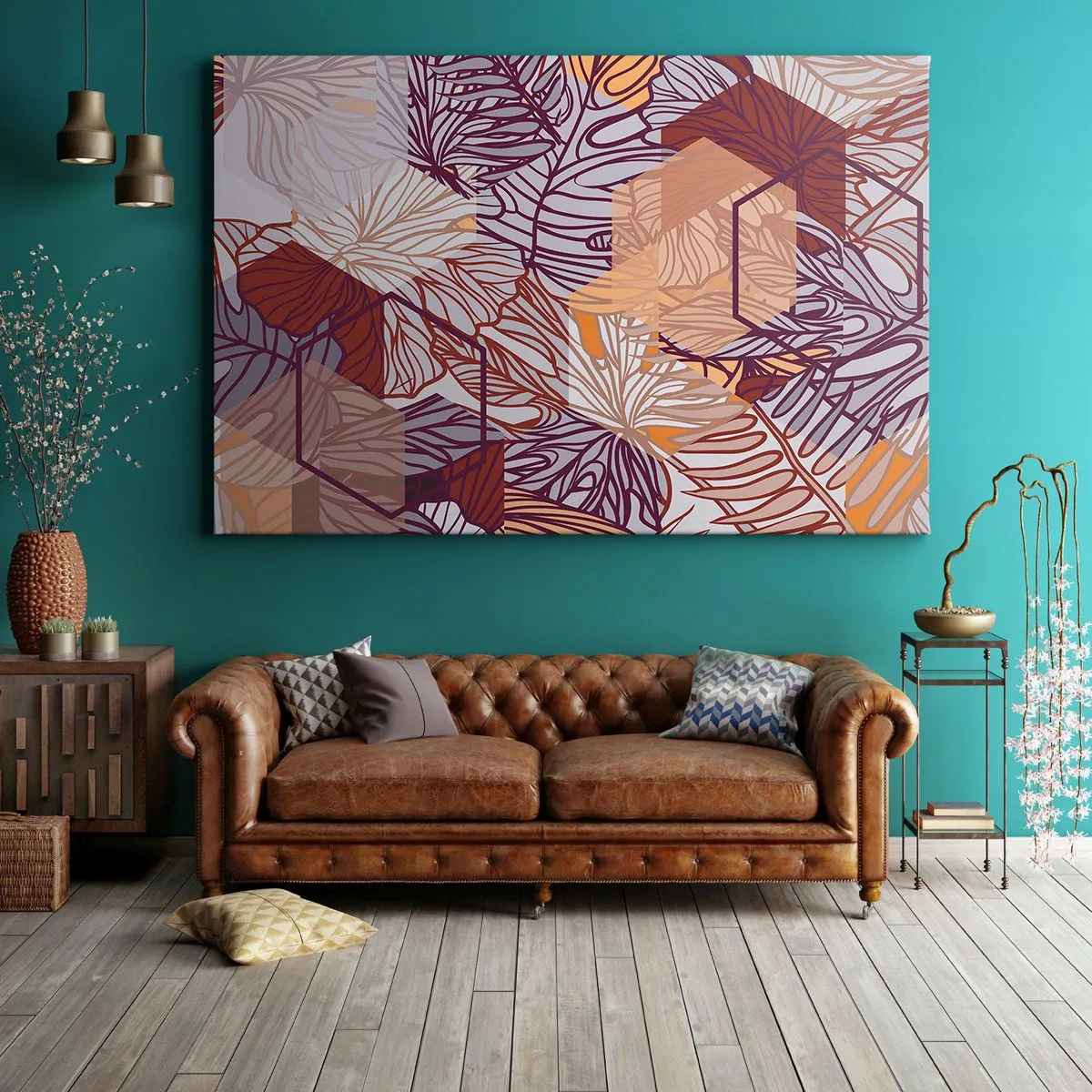 Lærredstryk - Billede på lærred - Et dekorativt tropisk bladmønster i nuancer af lilla, orange og beige. - 70x50cm - Umuligt forhold mellem geometri og natur - Moderne vægdekoration til stue og soveværelse ARTTOR