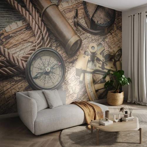 Fototapet Standard Eco - Fastlægge kursen - Nautisk, Verdenskort, Kompas - 400x280 cm