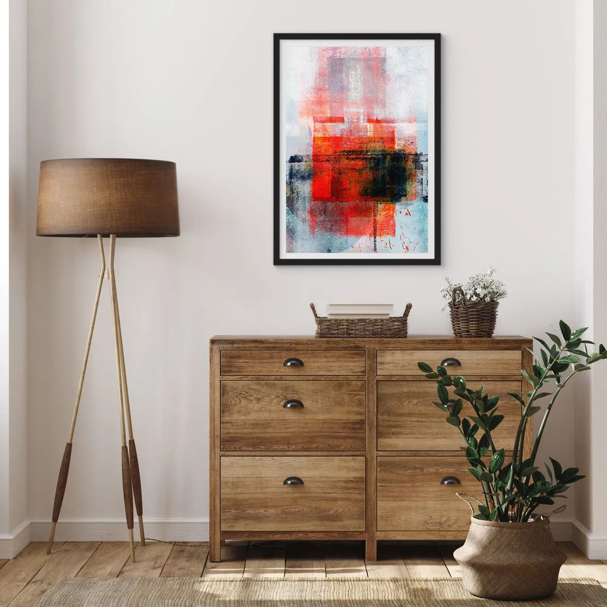 Plakat i sort ramme - Geometrisk abstraktion i intense røde nuancer - 50x70cm - Glødende komposition - Moderne vægdekoration til stue og soveværelse ARTTOR
