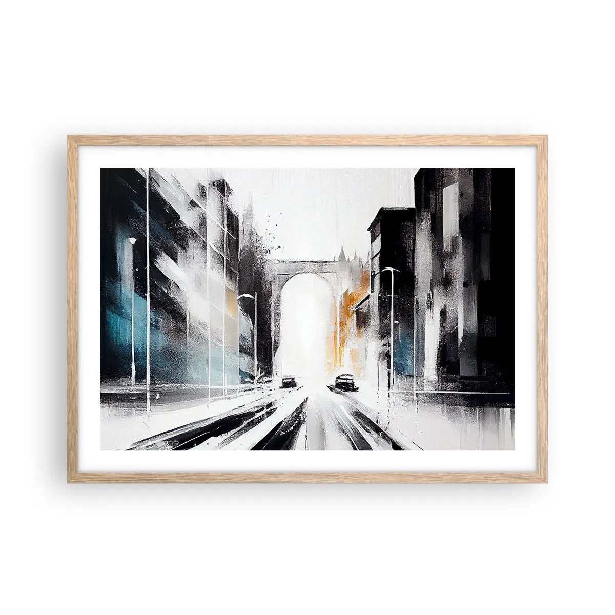 Plakat i ramme af lyst egetræ - Bystudie: arkitektur og bevægelse - 70x50 cm