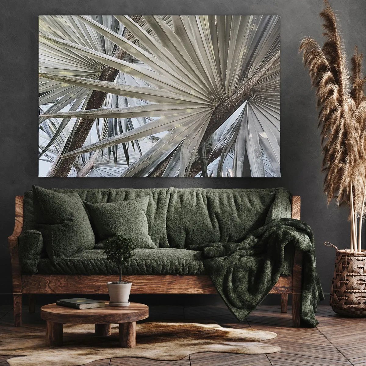 Lærredstryk - Billede på lærred - Nærbillede af palmeblade i naturlige grønne nuancer - 70x50cm - Ventilatorer i troperne - Moderne vægdekoration til stue og soveværelse ARTTOR