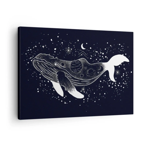 Lærredstryk - Billede på lærred - En grafisk illustration af en hval i rumalderstil. - 70x50cm - I universets ocean - Moderne vægdekoration til stue og soveværelse ARTTOR