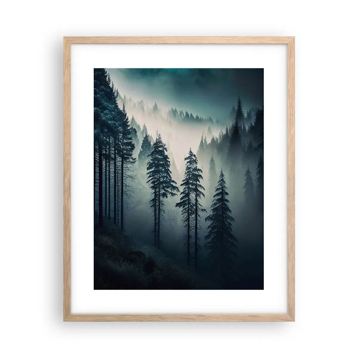 Plakat i ramme af lyst egetræ - Morgen i bjergene - 40x50 cm