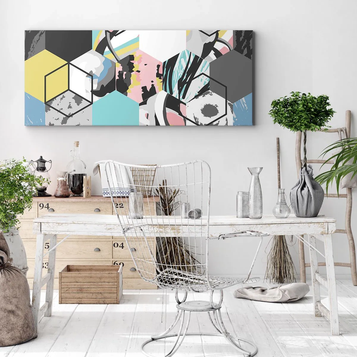 Lærredstryk - Billede på lærred - Sekskanter og terninger i seks farver - 100x40 cm