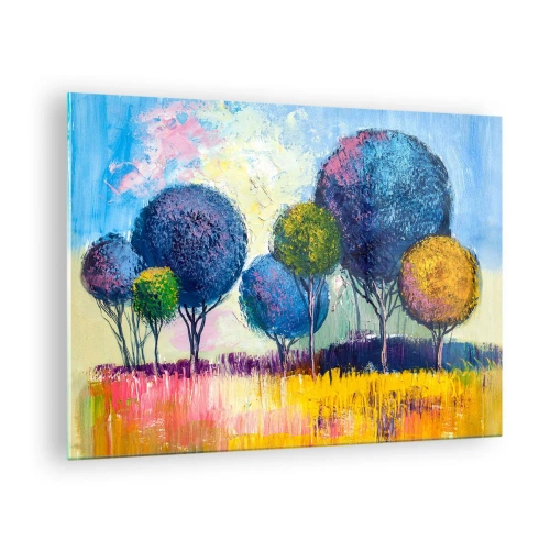Billede på glas - Farverige træer mod en abstrakt landskabsbaggrund - 70x50cm - Kugle - idealets form - Moderne vægdekoration til stue og soveværelse ARTTOR