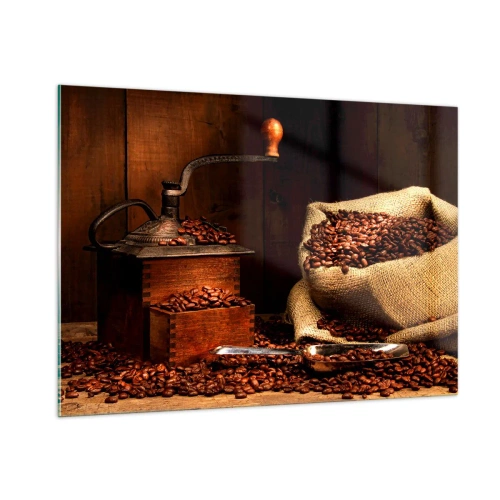Billede på glas - Stilleben med kaffebønner og kværn - 100x70 cm