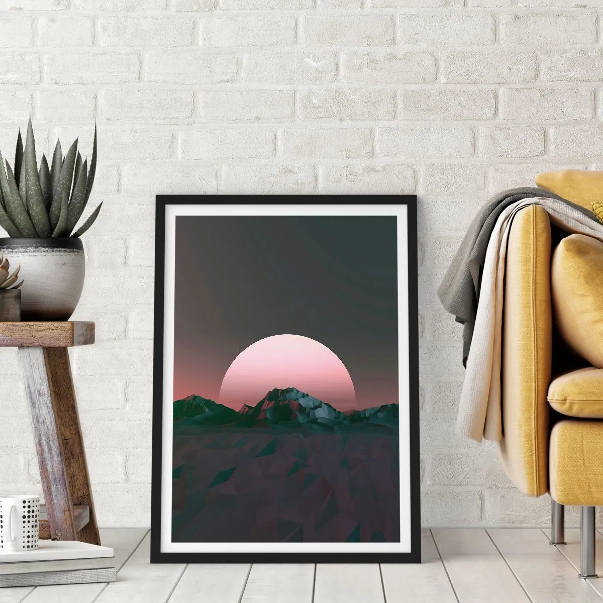 Plakat i sort ramme - Fantasilandskab med en lyserød måne og bjerge - 50x70cm - I en nabogalakse - Moderne vægdekoration til stue og soveværelse ARTTOR