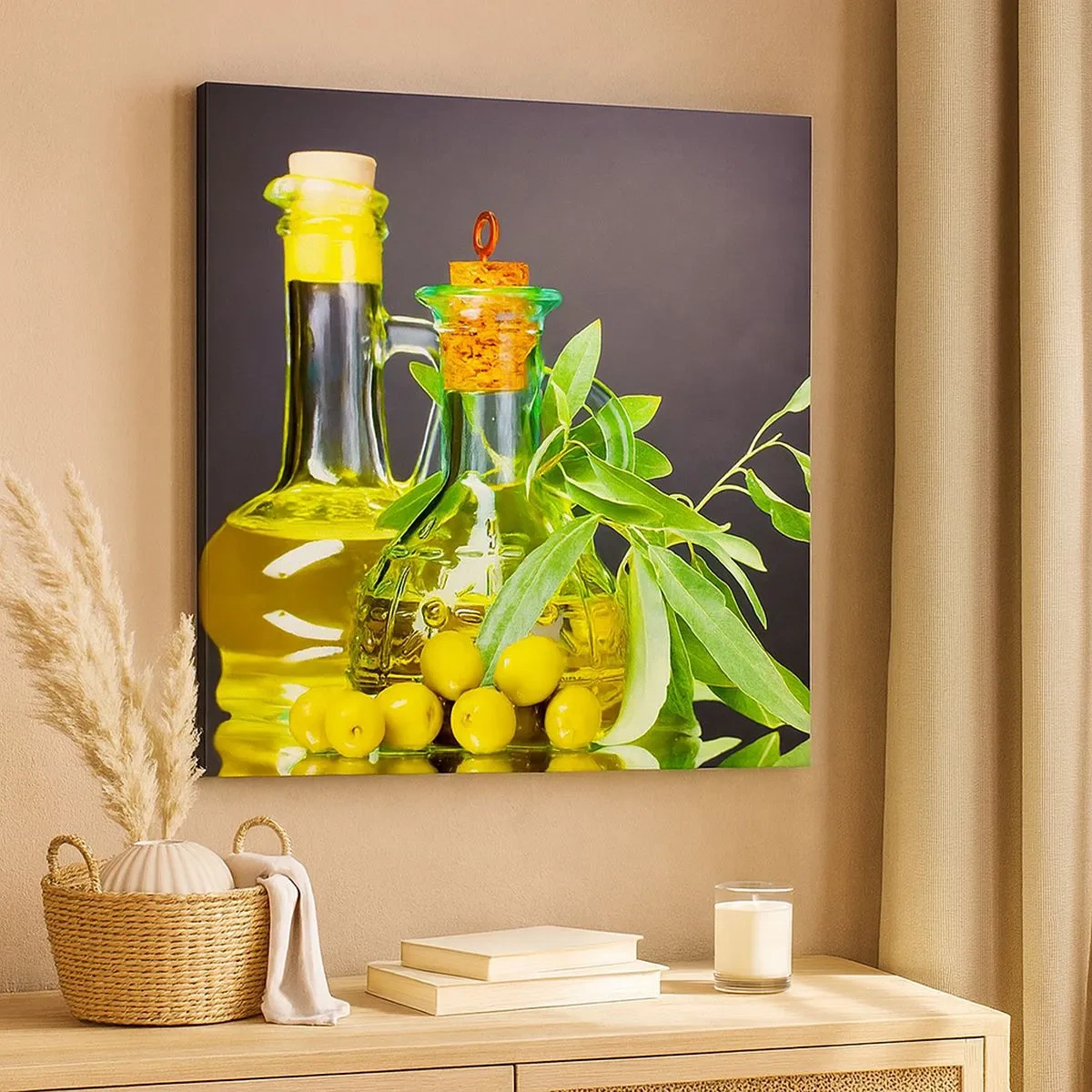 Lærredstryk - Billede på lærred - Stilleben med oliven og olie - 30x30 cm