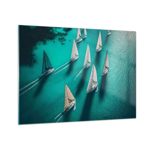 Billede på glas - Sejlbåde på turkisblåt vand taget fra fugleperspektiv - 70x50cm - Konkurrerer med vinden - Moderne vægdekoration til stue og soveværelse ARTTOR