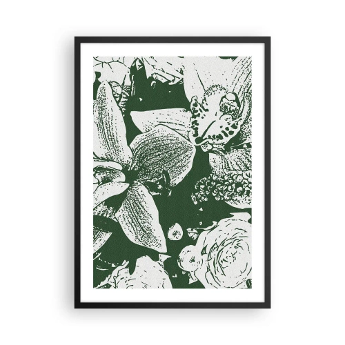 Plakat i sort ramme - Botanisk illustration af blomster og blade i kontrasterende farver - 50x70cm - Buket - en verden af grønt - Moderne vægdekoration til stue og soveværelse ARTTOR