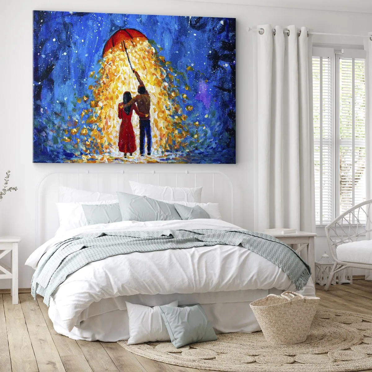 Lærredstryk - Billede på lærred - Et par under en rød paraply i den lysende regn - 70x50cm - Magien ved en regnfuld aften? - Moderne vægdekoration til stue og soveværelse ARTTOR