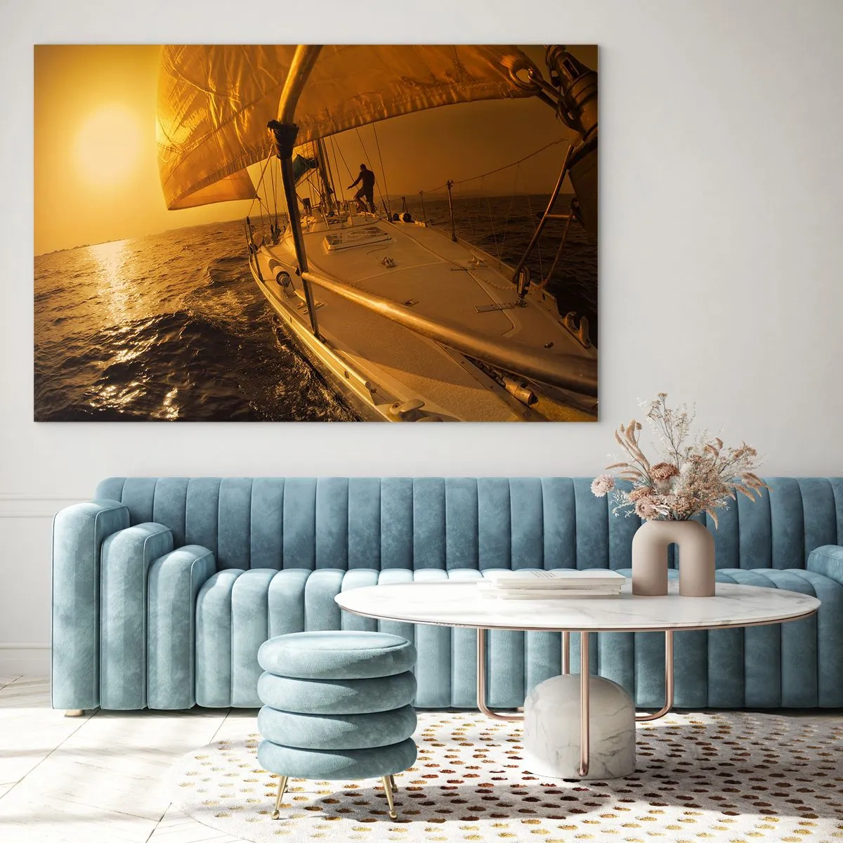 Billede på glas - En sejlbåd mod en solnedgangs baggrund - 70x50cm - En gylden aften efter en broget dag - Moderne vægdekoration til stue og soveværelse ARTTOR