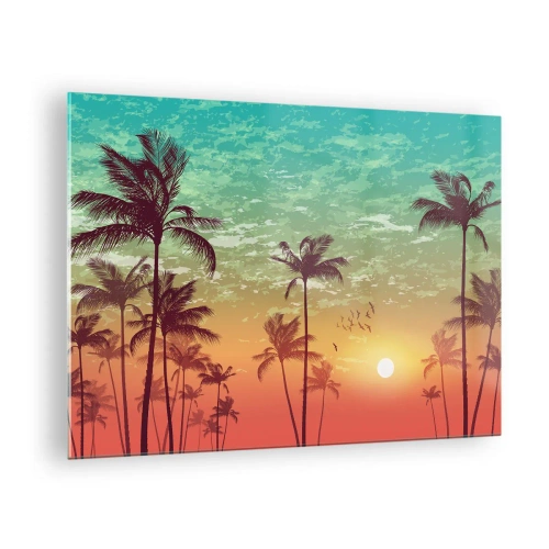 Billede på glas - Illustration af palmer ved solnedgang - 70x50cm - Tropisk klima - Moderne vægdekoration til stue og soveværelse ARTTOR