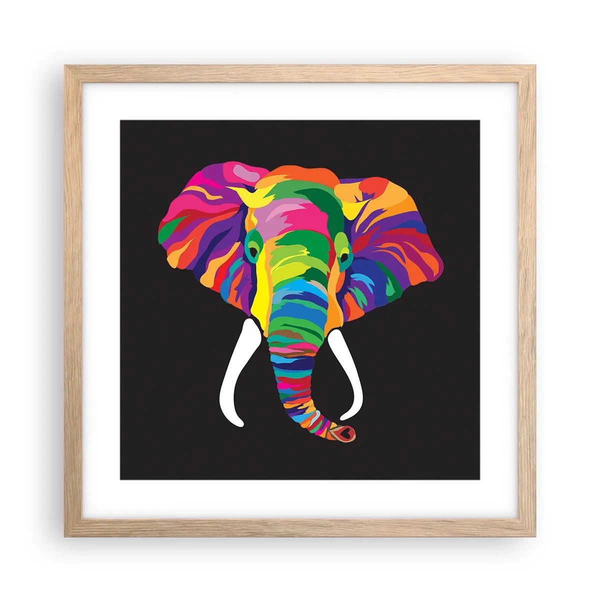Plakat i ramme af lyst egetræ - Elefanten, der elskede at bade i regnbuen - 40x40 cm