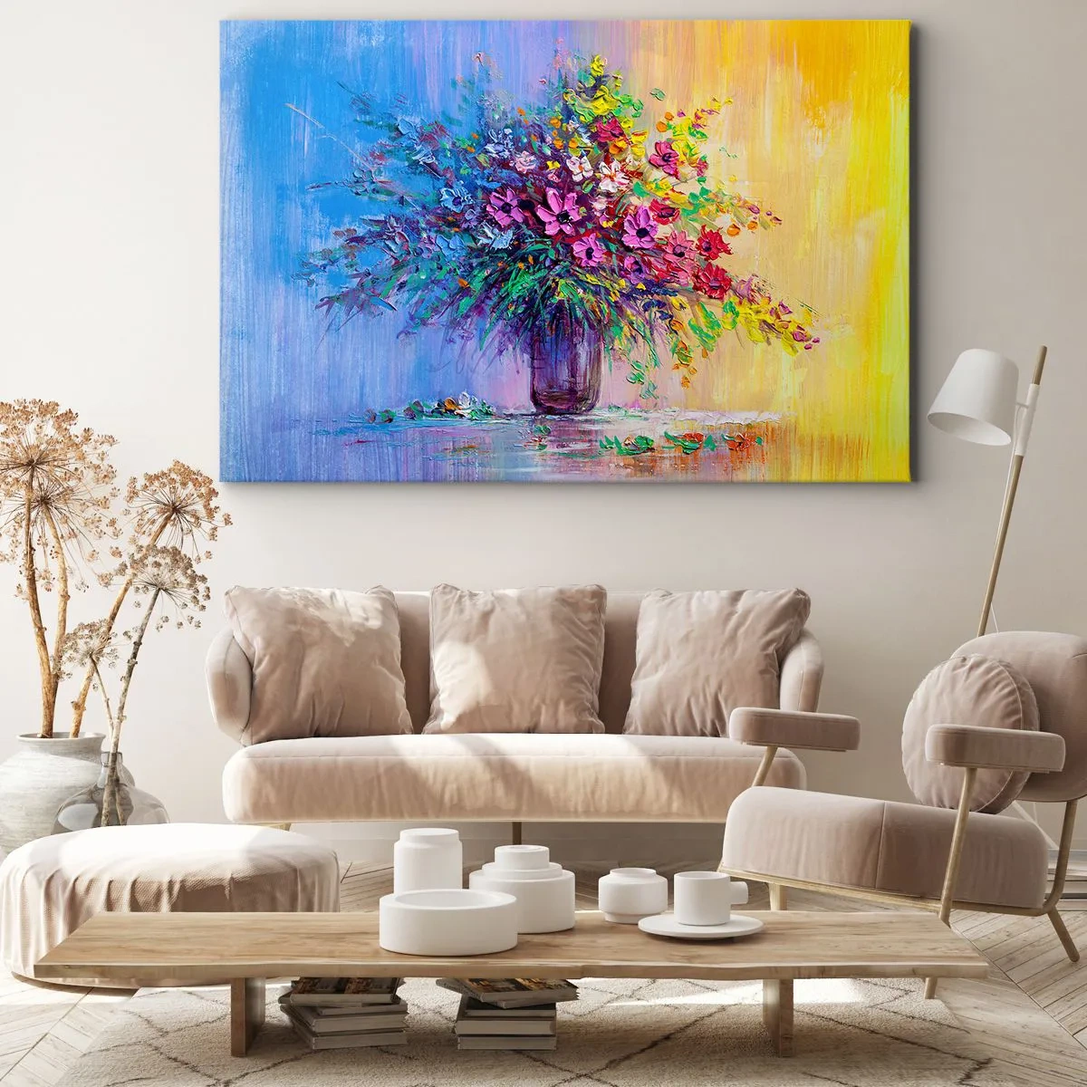 Lærredstryk - Billede på lærred - En farverig buket blomster i en vase mod en gradient baggrund - 70x50cm - Gave fra en sommereng - Moderne vægdekoration til stue og soveværelse ARTTOR