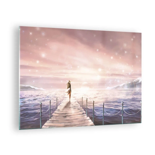Billede på glas - Kvinde på molen ved solnedgang - 70x50cm - I lyset af en drøm - Moderne vægdekoration til stue og soveværelse ARTTOR