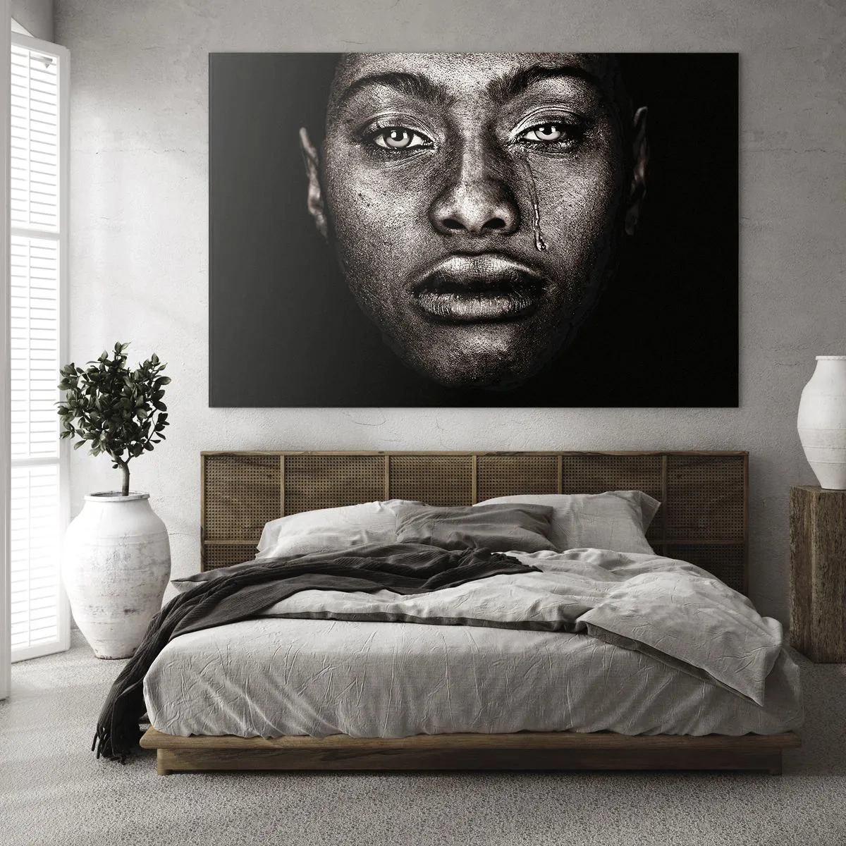 Billede på glas - Følelsesladet portræt af en kvinde med en tåre på kinden - 70x50cm - Én tåre - Moderne vægdekoration til stue og soveværelse ARTTOR