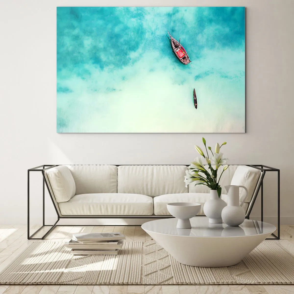 Billede på glas - Både på azurblåt vand i fredelige omgivelser - 70x50cm - For på Zanzibars strande, når det overskydende vand... - Moderne vægdekoration til stue og soveværelse ARTTOR