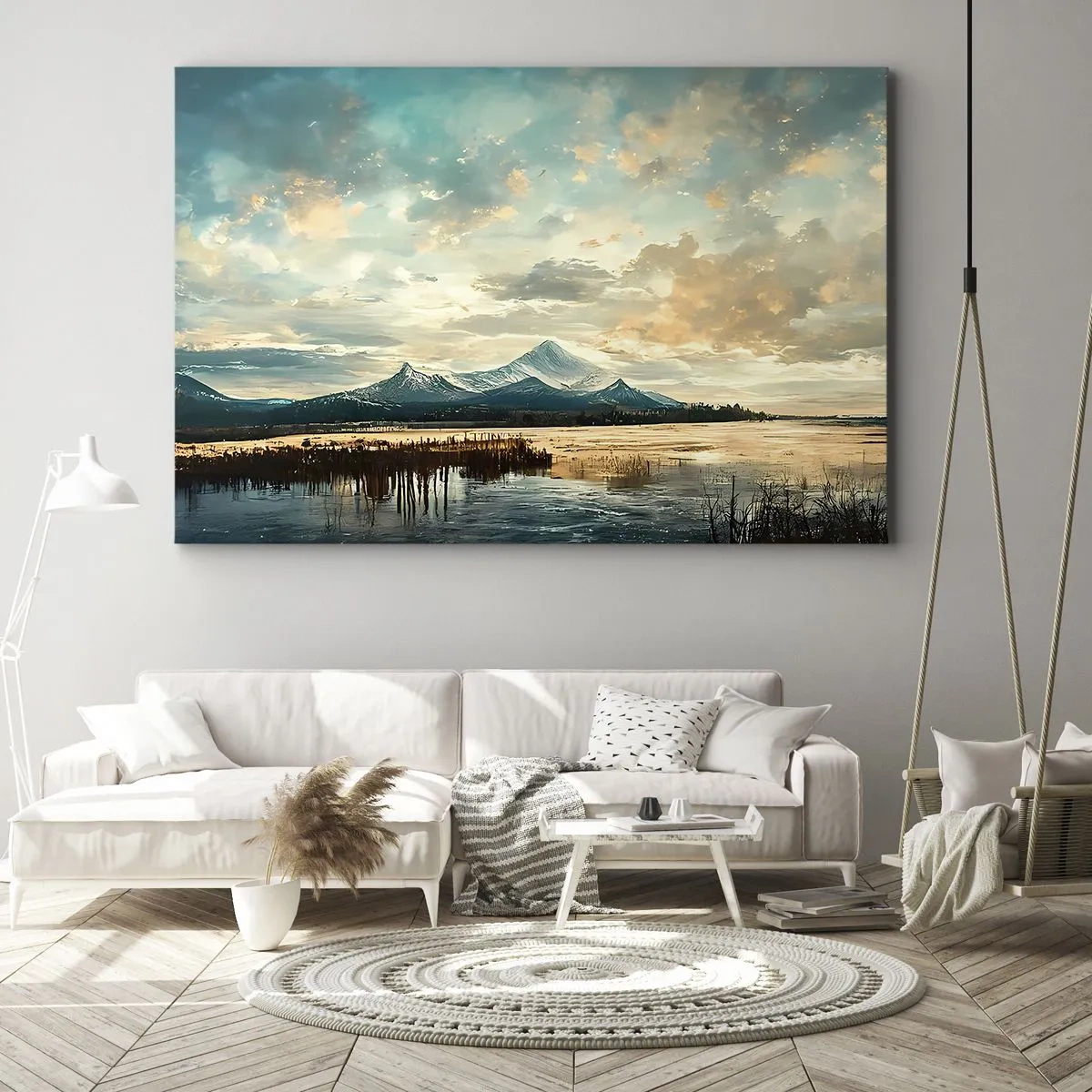 Lærredstryk - Billede på lærred - Et malerisk landskab med et bjerg og en rolig sø - 70x50cm - Under himlens beskyttelse - Moderne vægdekoration til stue og soveværelse ARTTOR
