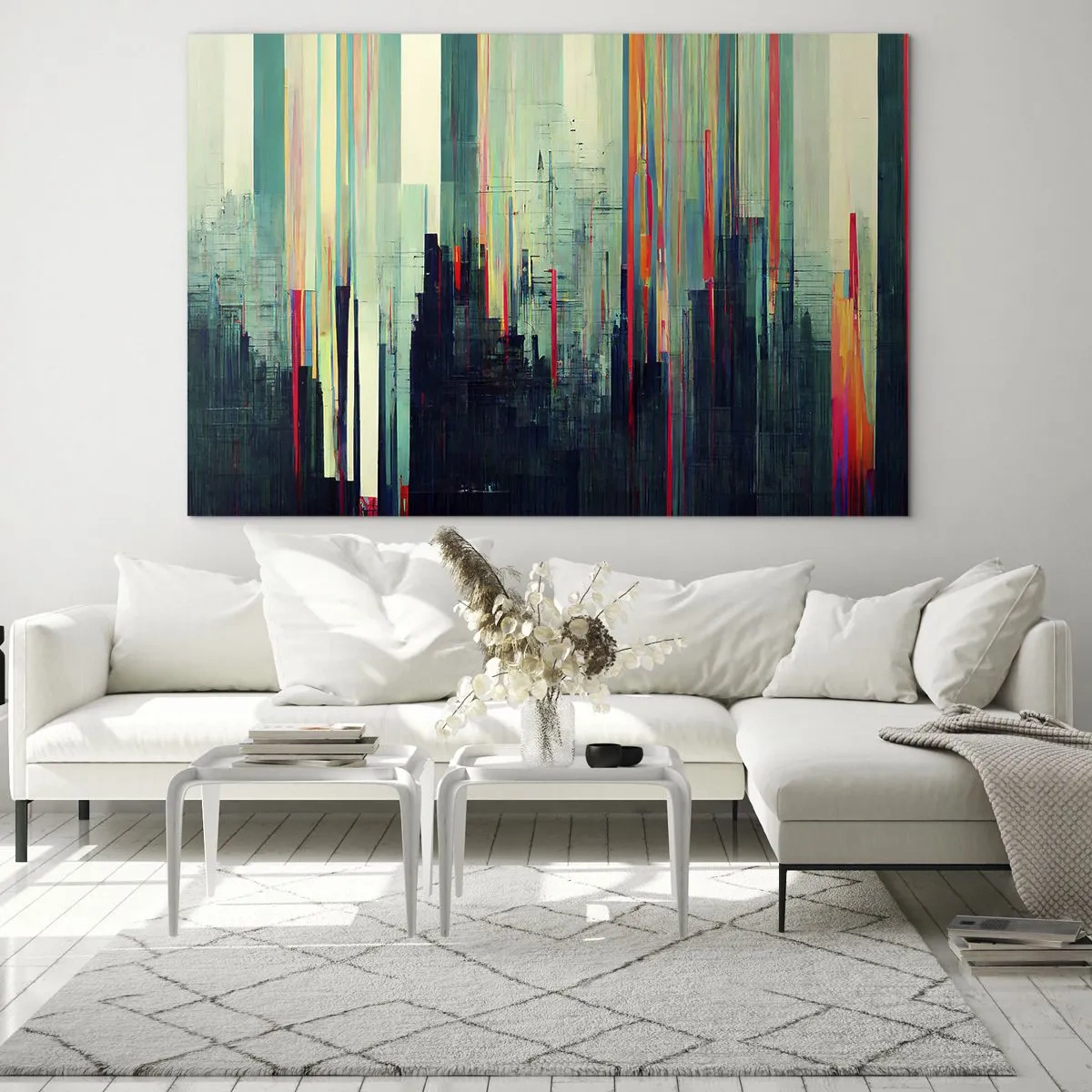 Billede på glas - Lodrette farvede linjer danner omridset af en futuristisk metropol. - 70x50cm - Futuristisk by - Moderne vægdekoration til stue og soveværelse ARTTOR