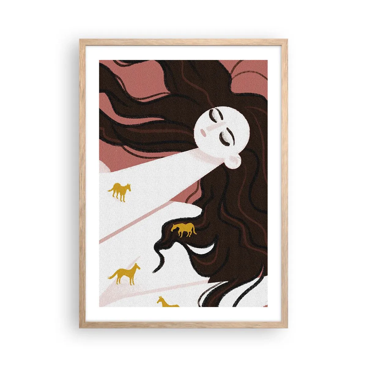 Plakat i ramme af lyst egetræ - Drøm om en gylden hest - 50x70 cm