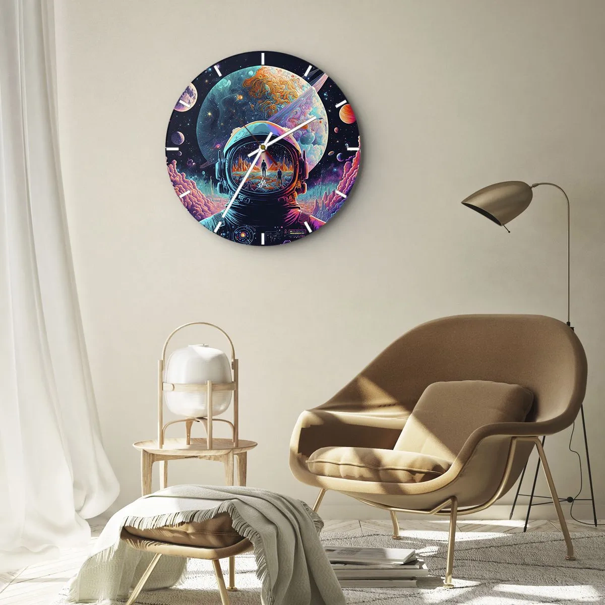 Vægur, Uret - Astronaut i farverigt rum med planetrefleksion - 30x30cm - Filosoffer har aldrig drømt - Moderne vægdekoration til stue, køkken og soveværelse ARTTOR
