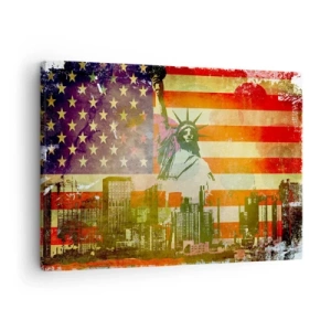Lærredstryk - Billede på lærred - Frihedsgudinden med det amerikanske flag og byens skyline som baggrund - 70x50cm - Viva America! - Moderne vægdekoration til stue og soveværelse ARTTOR