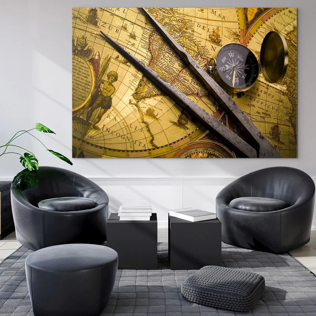 Billede på glas - Gammelt kort med kompas og kompas - 70x50cm - Hvor er skattene? - Moderne vægdekoration til stue og soveværelse ARTTOR