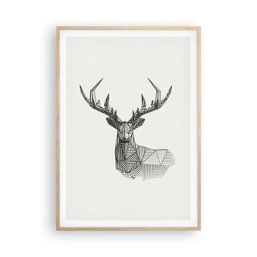 Plakat i ramme af lyst egetræ - Hjorte i kubistisk stil - 70x100 cm