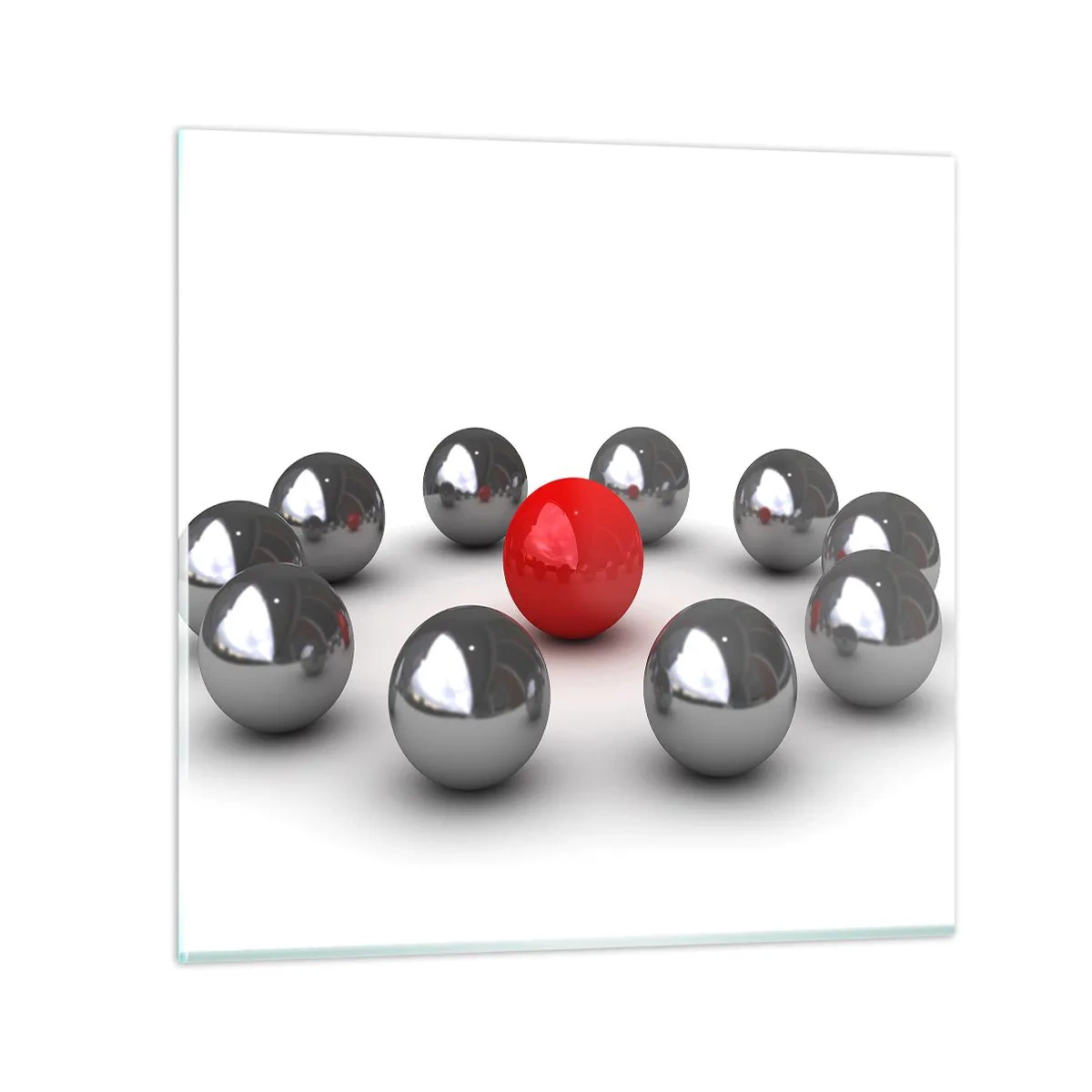 Billede på glas - Cirkel i sølv og rød - 50x50 cm