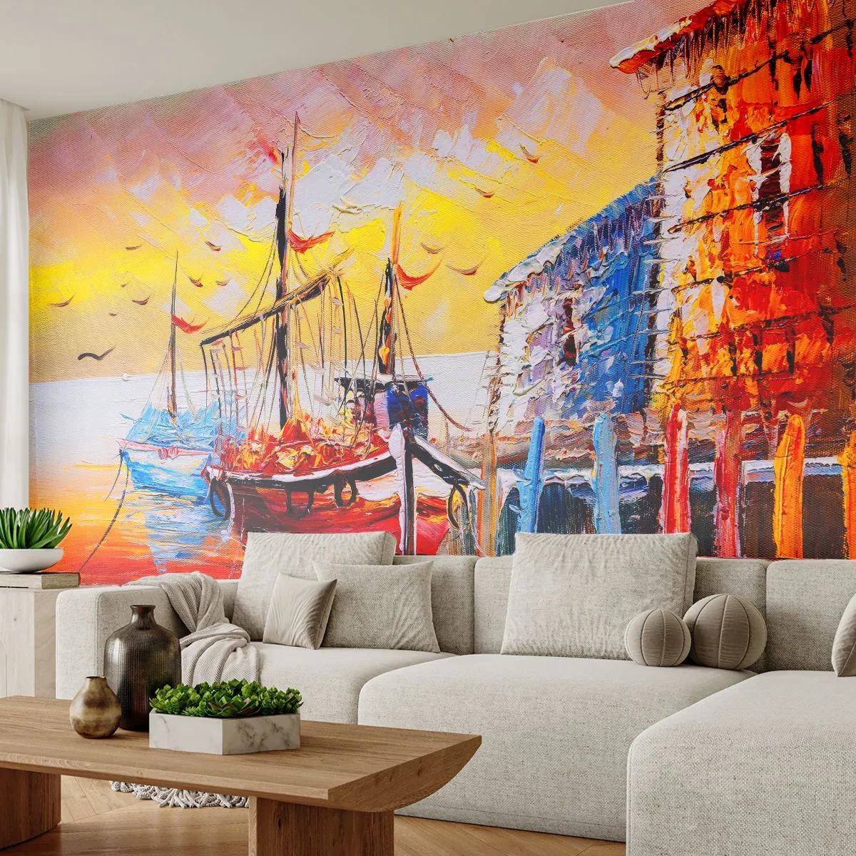 Fototapet Standard Eco - Glædelig tilbagevenden - Landskab, Fiskerhavn, Både - 400x280 cm