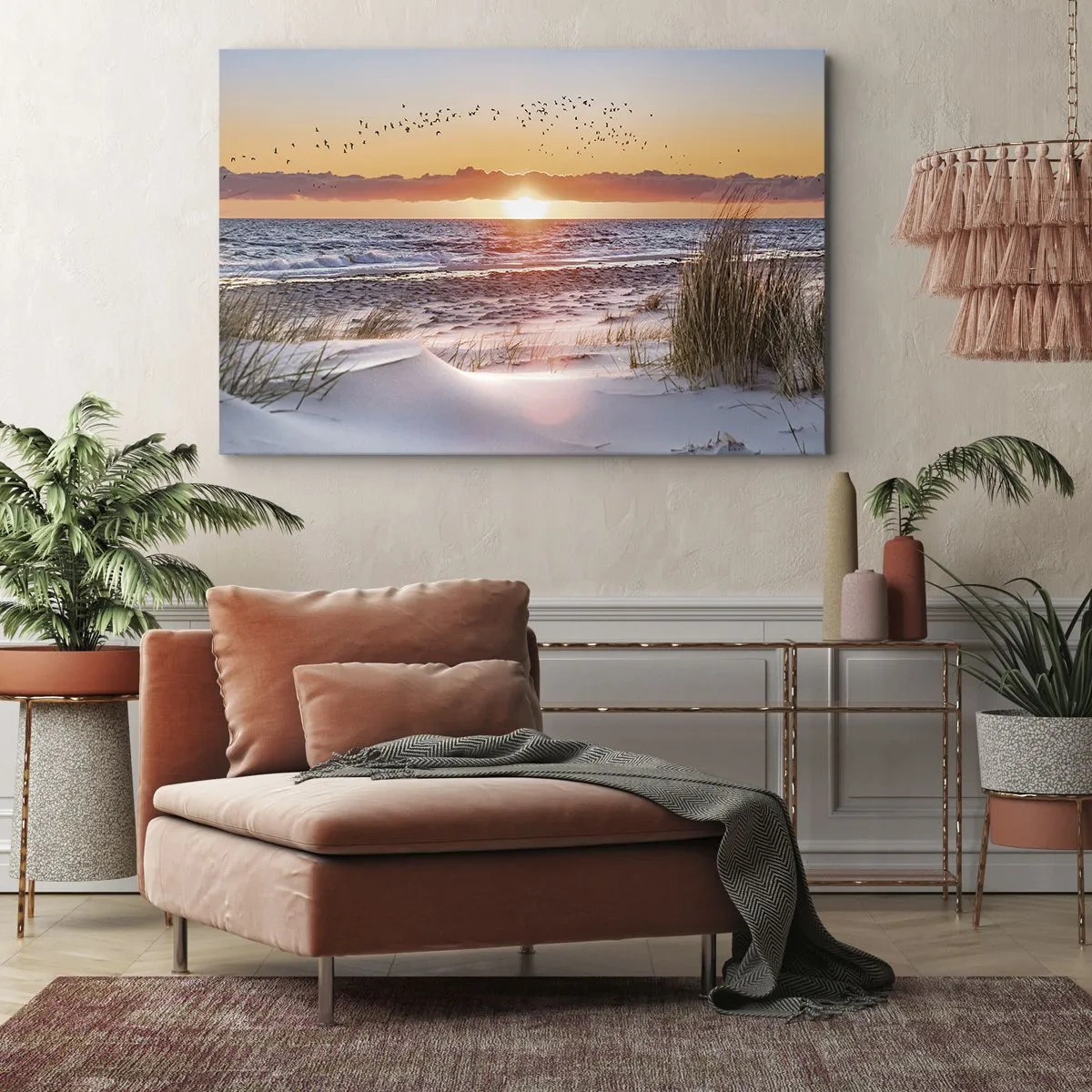 Lærredstryk - Billede på lærred - Solnedgang over havet med udsigt over klitterne - 70x50cm - Vandret landskab - Moderne vægdekoration til stue og soveværelse ARTTOR