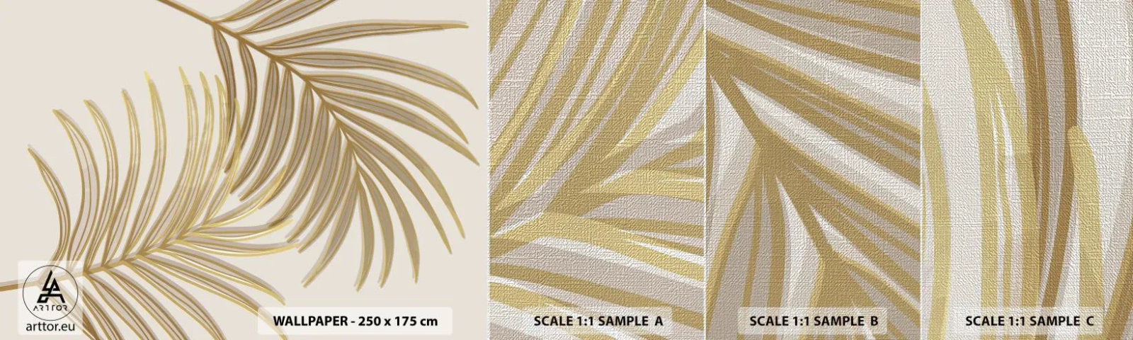 Prøve Fototapet Premium Canvas - Gylden palme! - Abstraktion, Palmeblad, Grafik - 100x30 cm