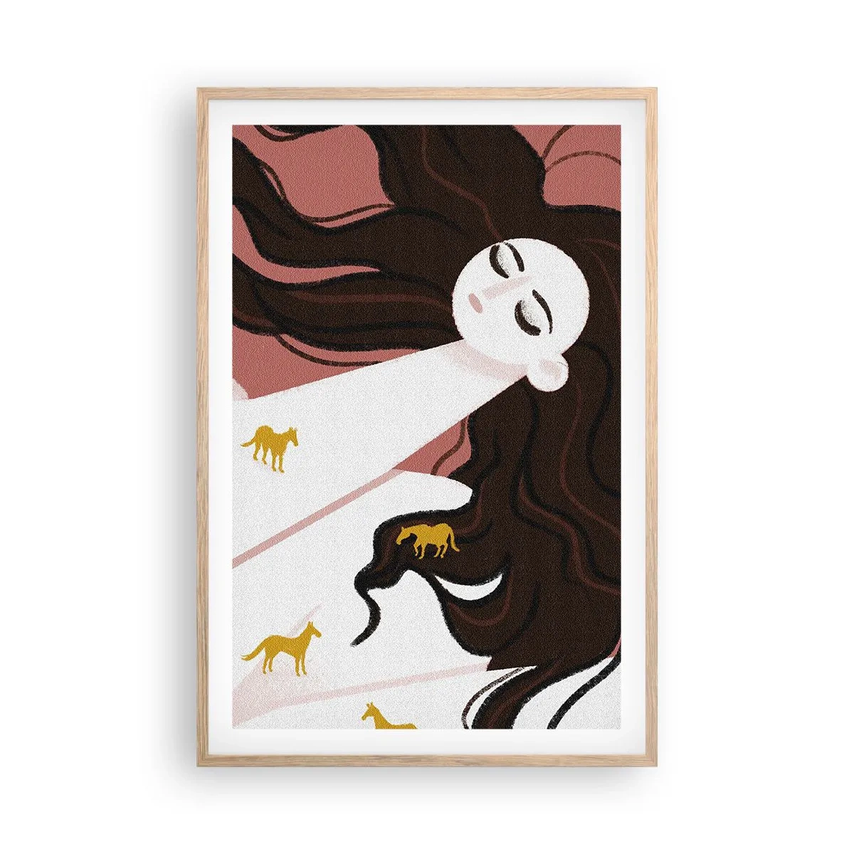 Plakat i ramme af lyst egetræ - Drøm om en gylden hest - 61x91 cm
