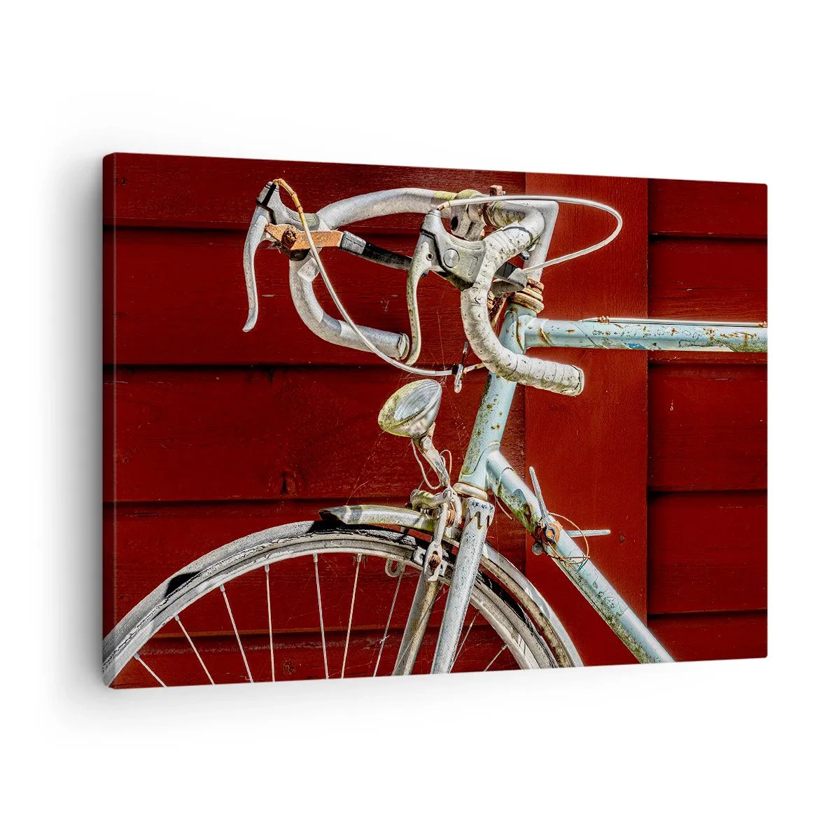 Lærredstryk - Billede på lærred - En vintagecykel mod en rød trævæg - 70x50cm - Skabt til at sejre - Moderne vægdekoration til stue og soveværelse ARTTOR
