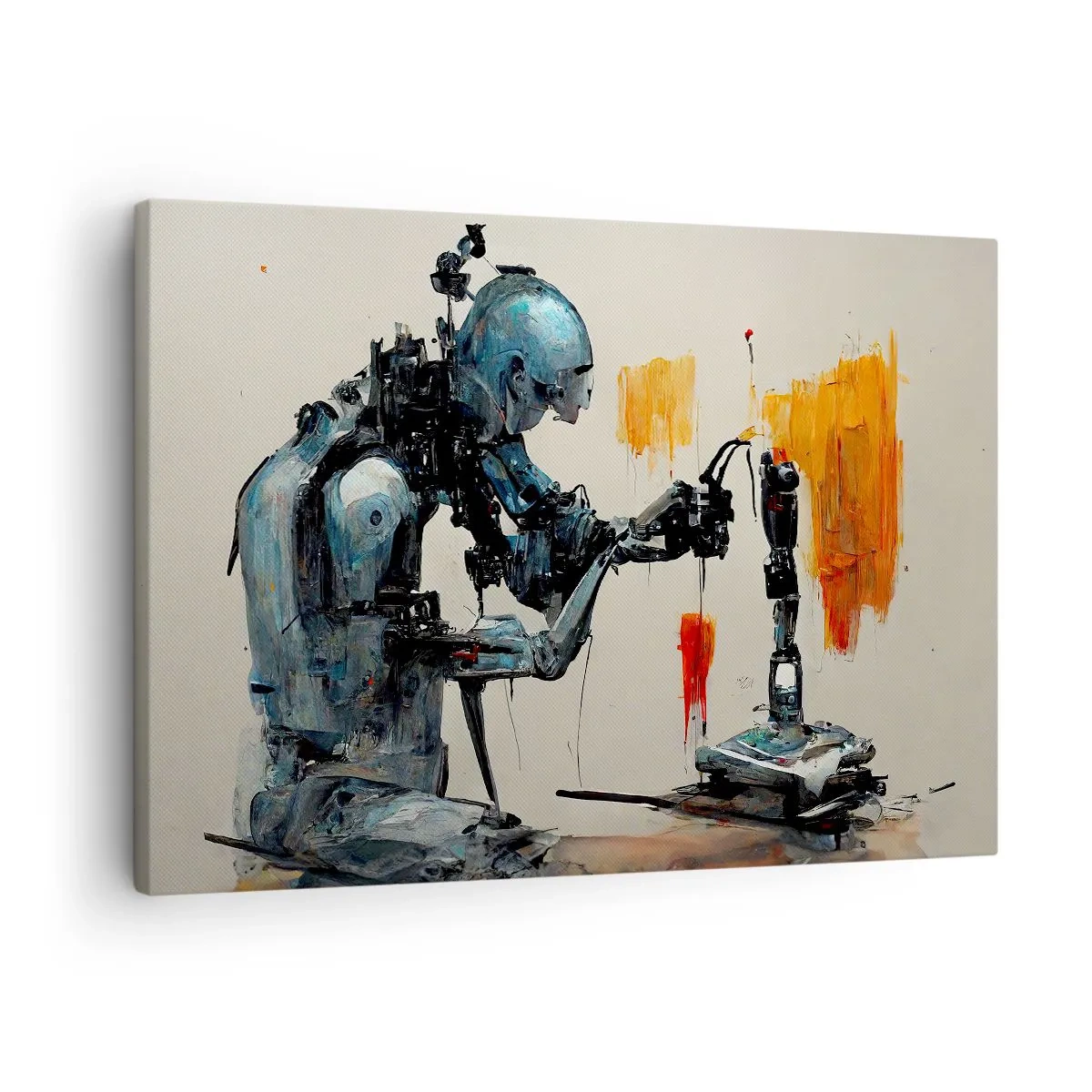 Lærredstryk - Billede på lærred - Robot på arbejde med abstrakt baggrund - 70x50cm - Kommer i morgen... - Moderne vægdekoration til stue og soveværelse ARTTOR
