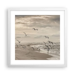 Plakat i hvid ramme - Havet brummer, fuglene synger - 40x40 cm