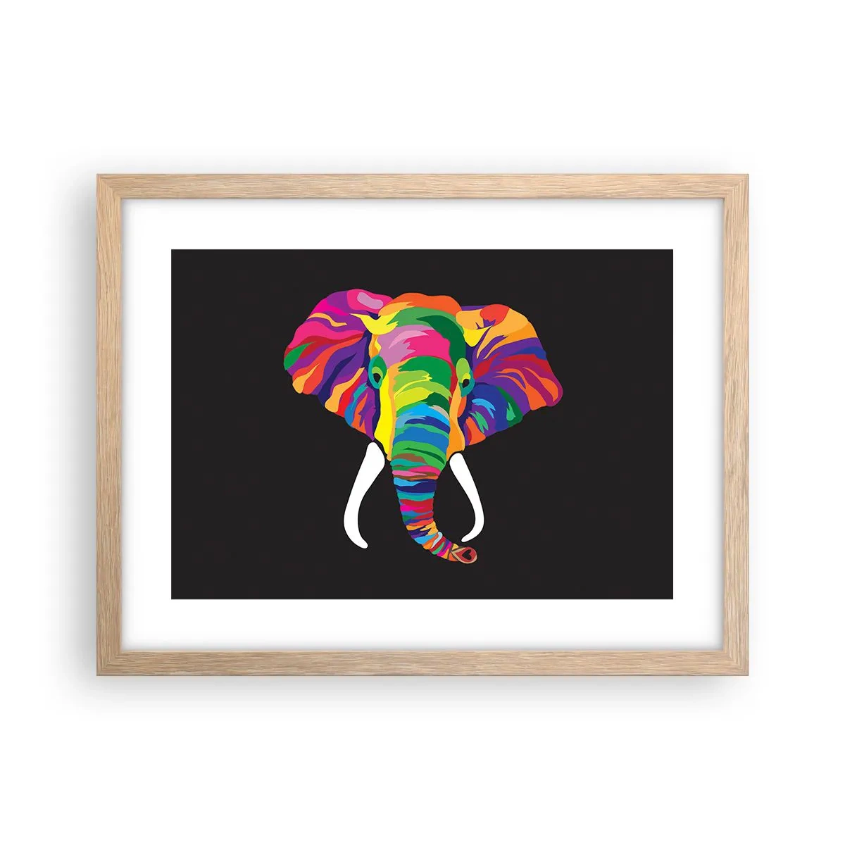 Plakat i ramme af lyst egetræ - Elefanten, der elskede at bade i regnbuen - 40x30 cm