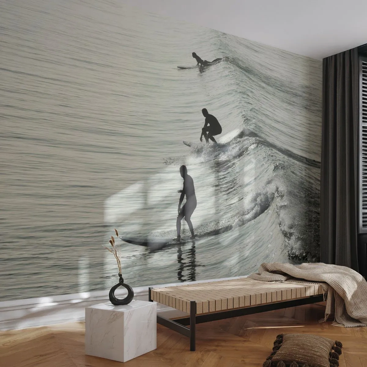 Fototapet Premium Sand - Mødet med bølgen - Surfing, Sport, Ocean - 100x70 cm