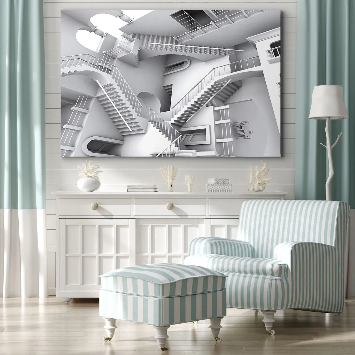 Lærredstryk - Billede på lærred - En abstrakt komposition af trapper i et surrealistisk rumligt arrangement - 70x50cm - Rummets paradokser - Moderne vægdekoration til stue og soveværelse ARTTOR