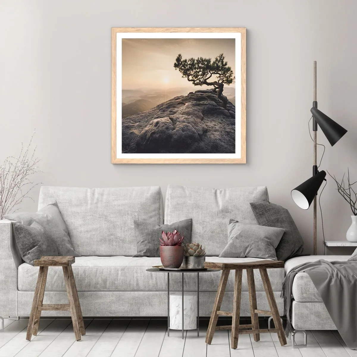 Plakat i ramme af lyst egetræ - Livet vinder altid - 30x30 cm
